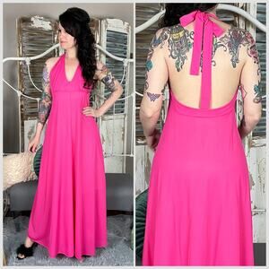 Vintage 1970s Hot Pink Halter Neck Nightgown